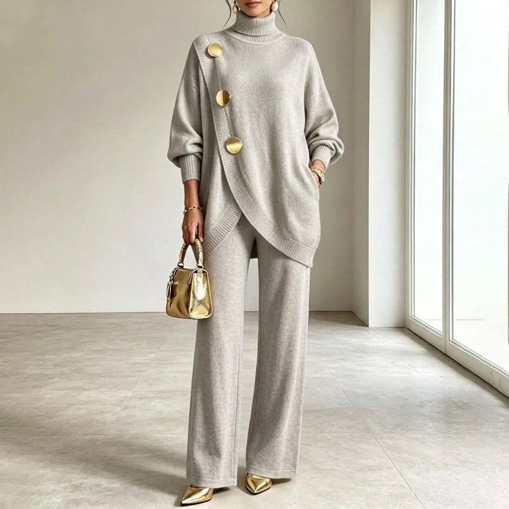 Noa | Knit Co-ord Set: Polo Neck Jumper & Wide-Leg Trousers