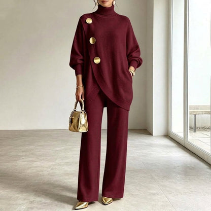 Noa | Knit Co-ord Set: Polo Neck Jumper & Wide-Leg Trousers