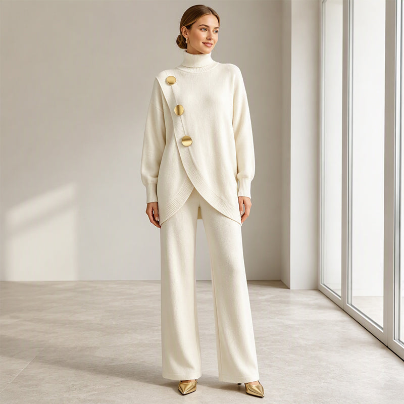 Noa | Knit Co-ord Set: Polo Neck Jumper & Wide-Leg Trousers